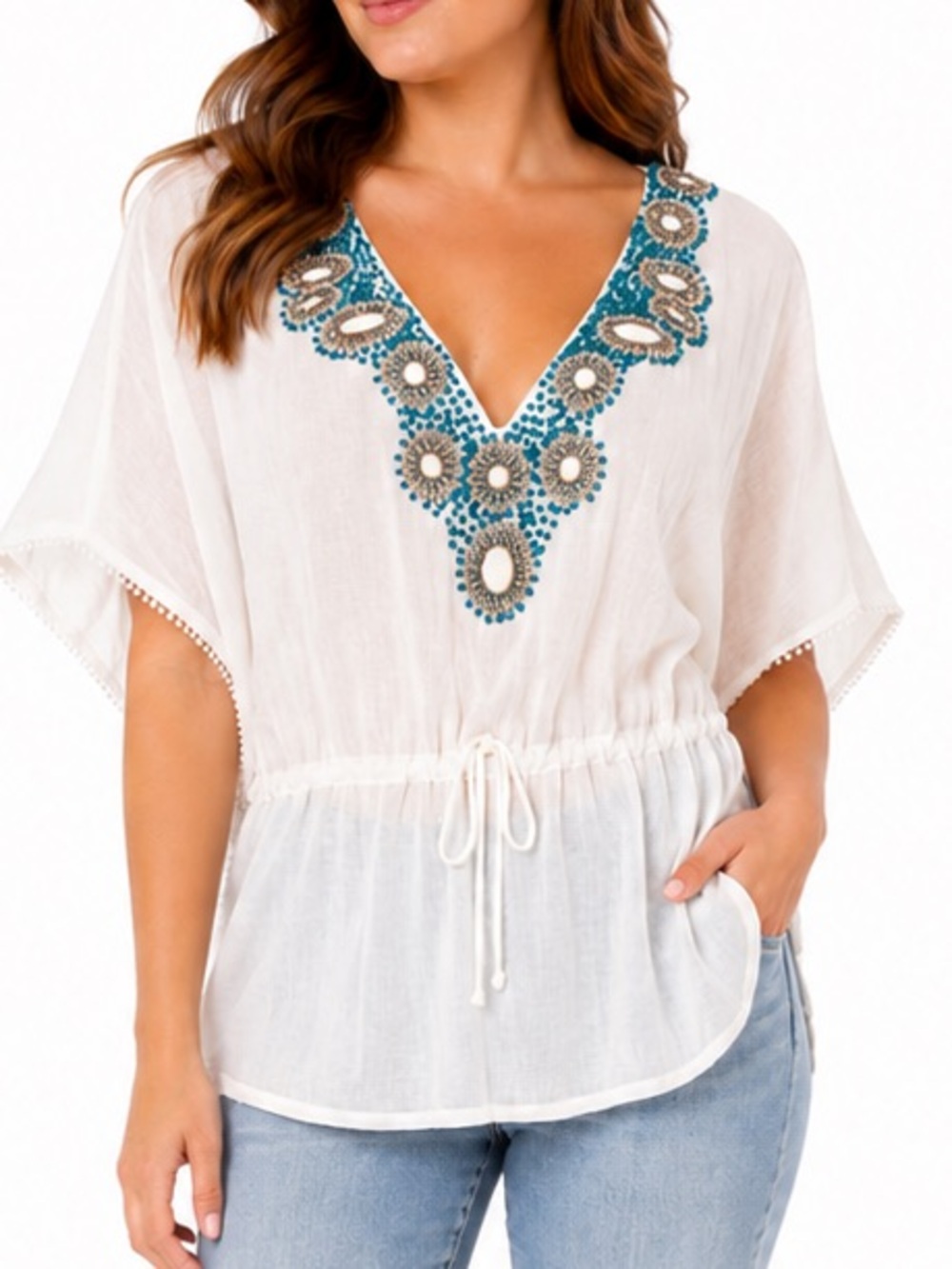 Love 21 teal white metallic beaded embroidery relax drawstring waist medium
